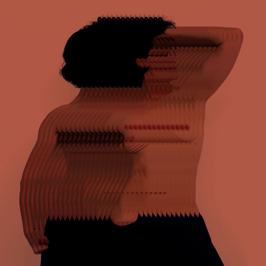 repeating image of me, DP standing topless, with one arm behind my head. My eyes are closed and my head is turned towards my bent arm. My sweatpants are slightly pulled down, revealling the top of my bush; colour is orange; original photo by Yvonne Chew; design by me, DP.